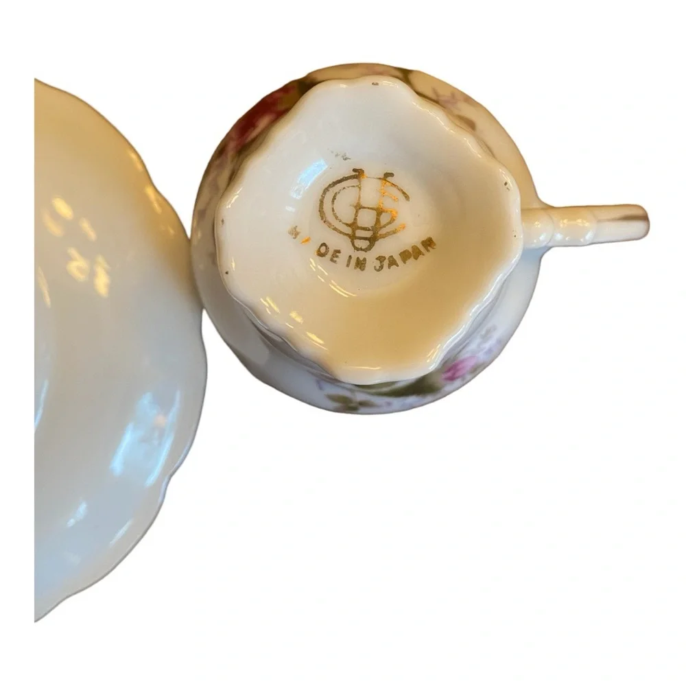 Vintage Moss Rose Teacup and Saucer Set, Fine China Japan Gold Trim